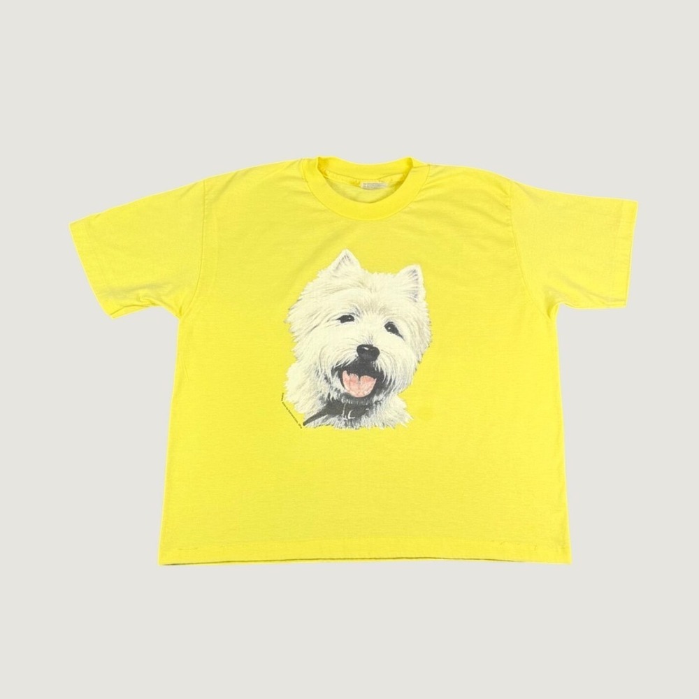 Vintage Hanes Heavyweight Westie Dog Graphic T-Shirt Yellow Mens Large USA Made